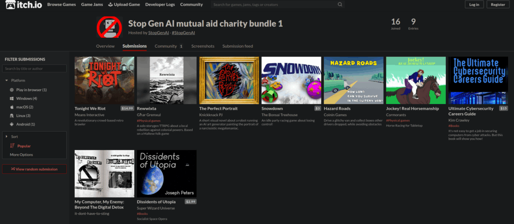 Screenshot of webpage at https://itch.io/jam/stop-gen-ai-mutual-aid-charity-bundle-1/entries