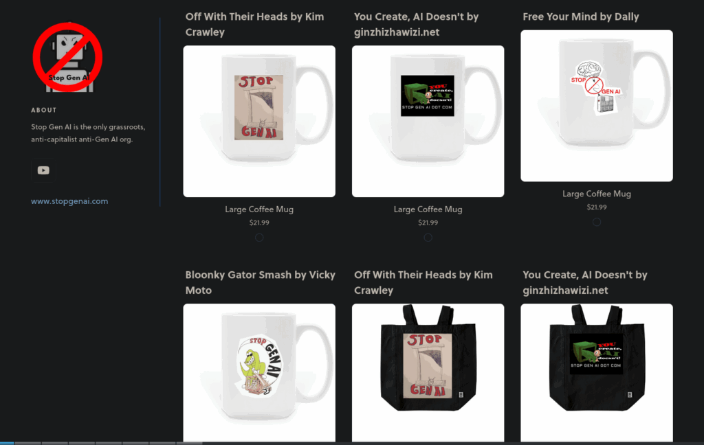 Screenshot of mugs and tote bags