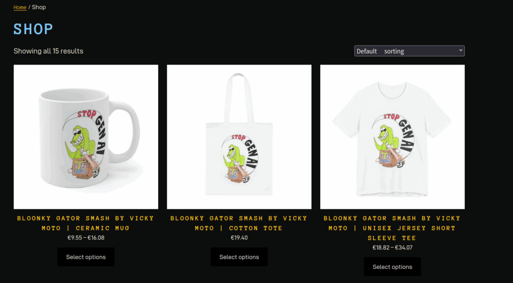 Screenshot of the content at https://stopgenai.com/shop/